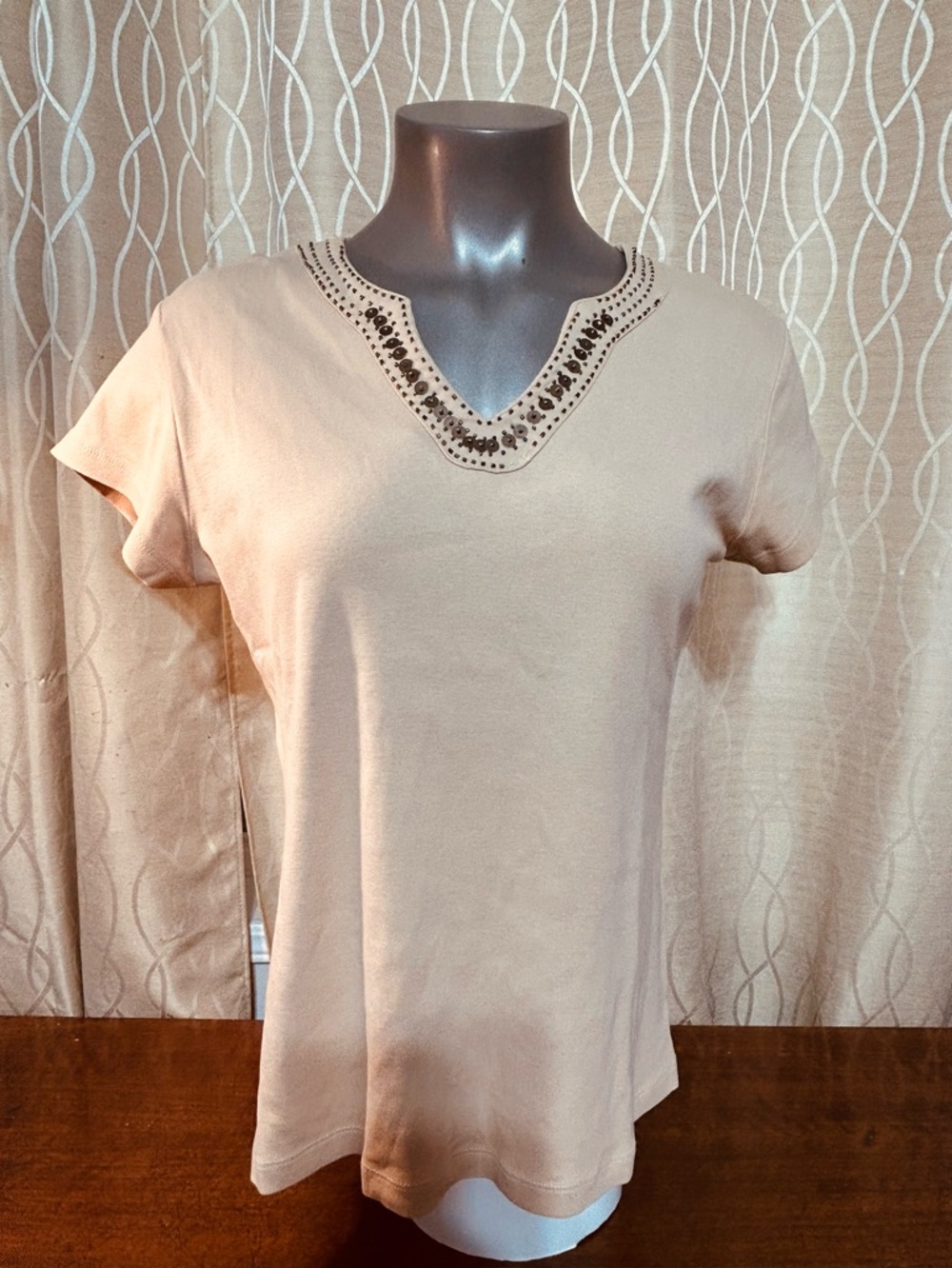 cleo Embellished V-Neck Short Sleeve Top in Beige with beading